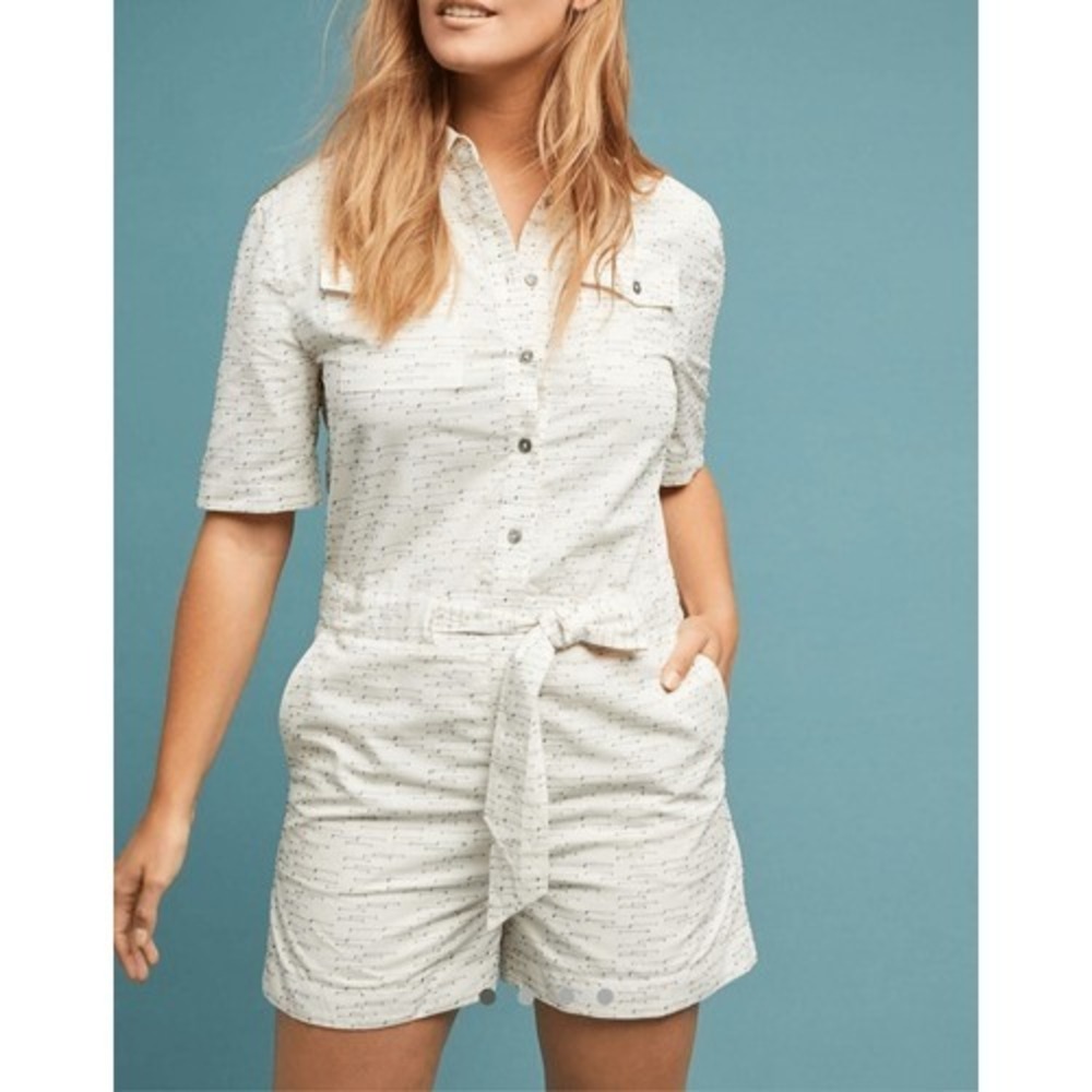 Anthropologie 34N 118W cotton‎ White Geometric Utility Button Front Romper